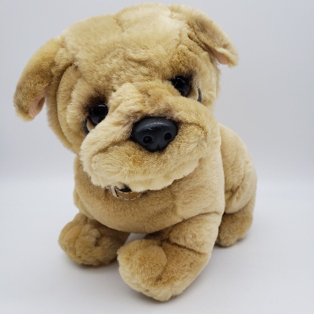 Vintage 8" Shar Pei Golden Brown Puppy Dog Plush With Leather Collar